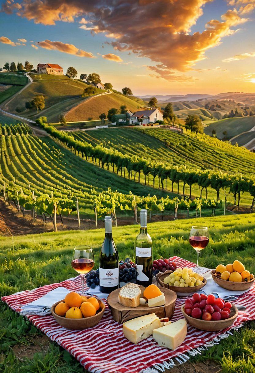 A picturesque scene featuring a vibrant vineyard landscape with rolling hills, cyclists enjoying a leisurely ride while sipping wine from elegant glasses. A picnic setup with artisanal cheese and colorful fruit is placed on a checkered blanket beside them. The sky is a warm sunset hue, enhancing the cheerful atmosphere of a perfect day for wine and cheese exploration on bicycles. super-realistic. vibrant colors. sunset background.
