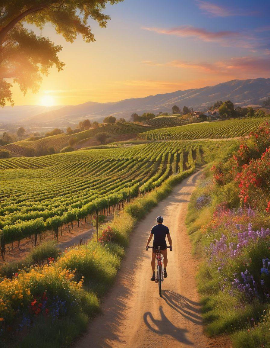 A picturesque cycling scene showcasing vibrant vineyards in California, with cyclists enjoying their ride. The backdrop includes rolling hills under a blue sky, dotted with grapevines and a sunset casting warm colors. Wine barrels and bottles can be subtly integrated along the path to emphasize the wine region. Lush greenery and colorful wildflowers add a touch of nature's beauty. super-realistic. vibrant colors. 3D.