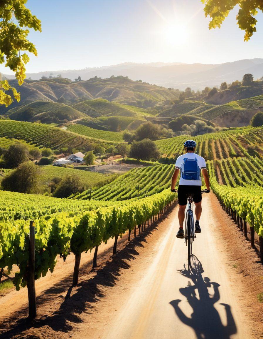 A picturesque California landscape featuring cyclists riding through lush vineyards, with rolling hills in the background and rows of grapevines under a bright sun. Include a rustic winery in the distance and a map highlighting biking trails. Vivid colors and a sense of motion to capture the adventure of cycling and wine tasting. super-realistic. vibrant colors. white background.